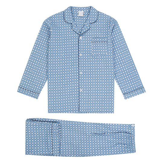 Product: Koala Cosy Suede LLCW ASSTD
Description:
A set of stylish blue button-up pajamas adorned with a charming white polka dot pattern, proudly made in Australia. The summer-weight pajamas feature a long-sleeved top enhanced with elegant black piping along the collar, cuffs, and pocket, and are paired with matching pants that have black piping on the side pockets and cuffs. Made from 100% cotton for ultimate comfort.