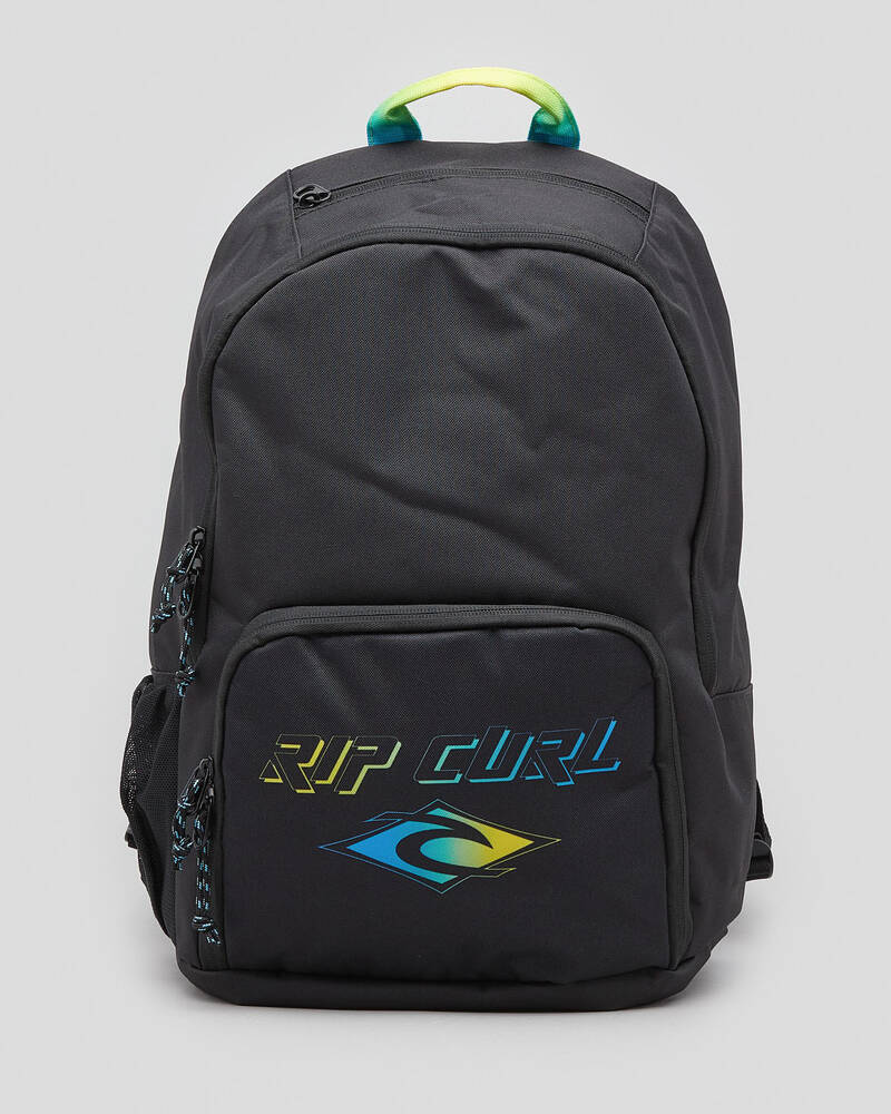 Introducing the Rip Curl Evo 24L Diamond Eco Backpack with a colorful gradient logo on the front pocket, featuring a large main compartment, cooler compartment, adjustable straps, front zippered pocket, and a padded top handle accented with neon green for extra flair.