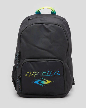 Introducing the Rip Curl Evo 24L Diamond Eco Backpack with a colorful gradient logo on the front pocket, featuring a large main compartment, cooler compartment, adjustable straps, front zippered pocket, and a padded top handle accented with neon green for extra flair.