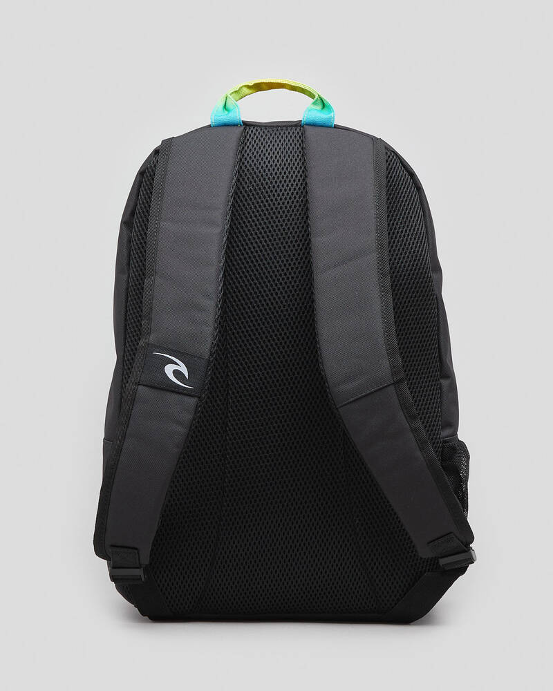 The Rip Curl Evo 24L Diamond Eco Backpack features a sleek design, adjustable padded shoulder straps with a small logo, and a vibrant yellow top handle. Its spacious interior provides plenty of room for essentials.