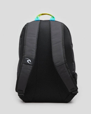 The Rip Curl Evo 24L Diamond Eco Backpack features a sleek design, adjustable padded shoulder straps with a small logo, and a vibrant yellow top handle. Its spacious interior provides plenty of room for essentials.