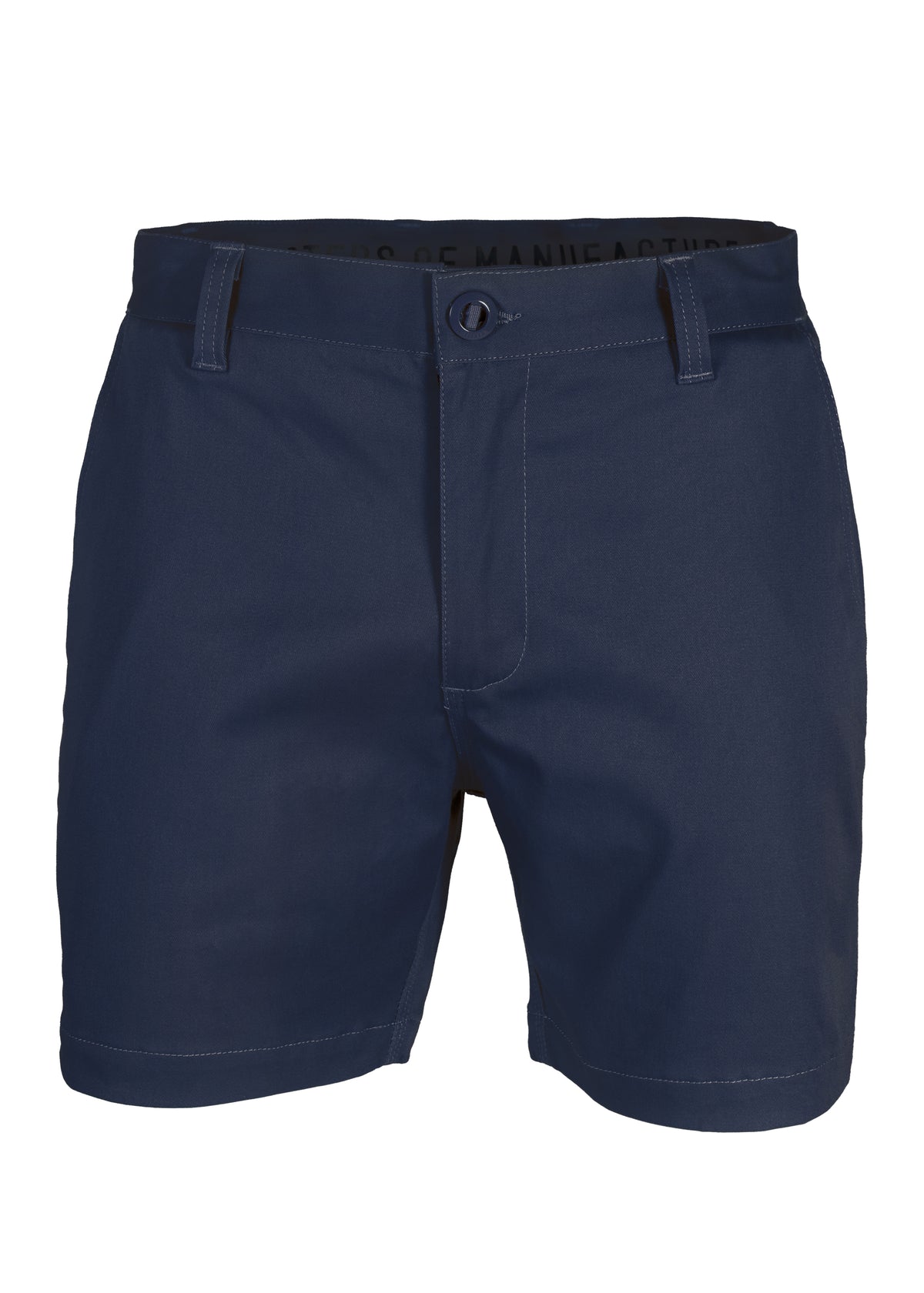 The UNIT Trench Stretch Work Short in navy blue offers UPF 50+ protection, a reinforced button, zip closure, belt loops, and visible stitching, shown on a white background.