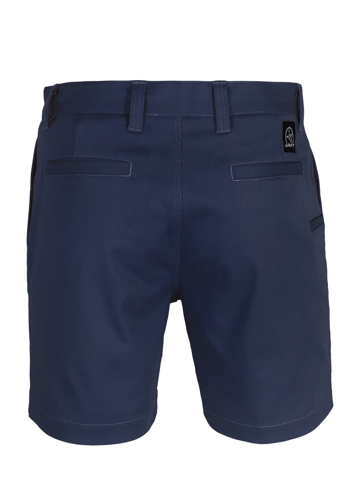 The UNIT Trench Stretch Work Short in navy features belt loops, a reinforced button, front and back welt pockets, visible stitching, a tailored fit, and a small black waistband patch with a white UNIT logo for a polished look.