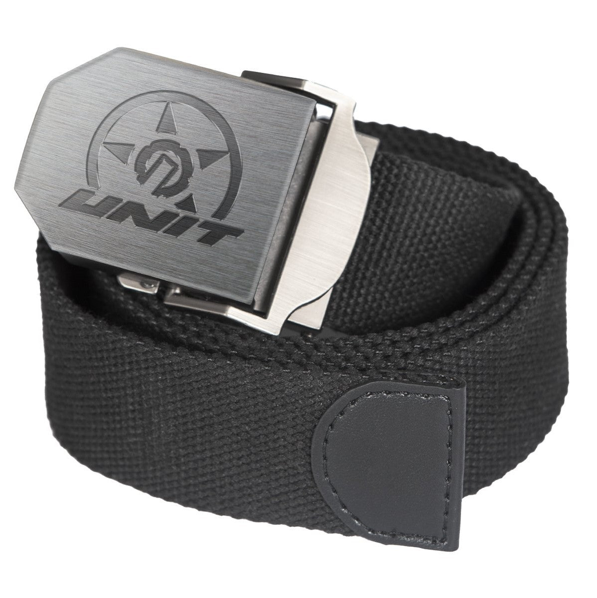 The UNIT Hitch Webbing Belt features black polyester webbing, an adjustable fit, a rectangular UNIT buckle with star and engraved "UNIT" details, and a stylish leather accent.