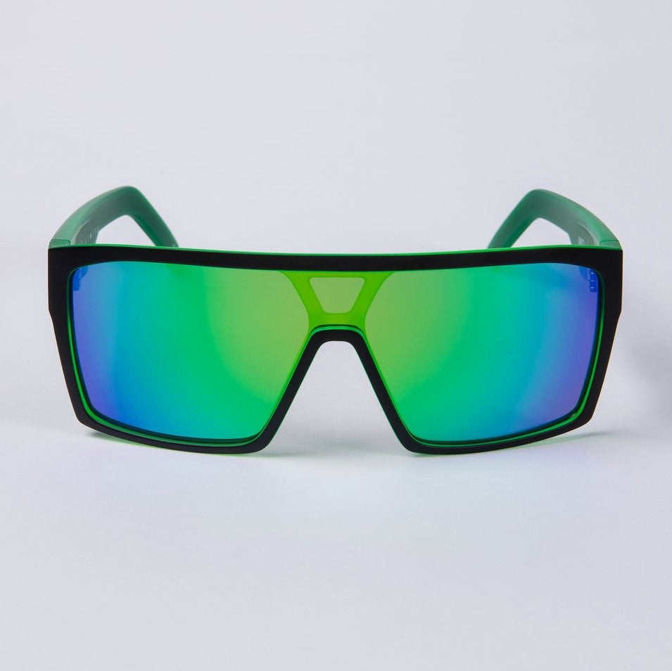 The UNIT Command Polarised Eyewear features a pair of futuristic, angular polarised sunglasses with a green, lightweight frame and mirrored lenses that shift between green and blue hues, offering UV protection against a plain white background.