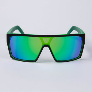 The UNIT Command Polarised Eyewear features a pair of futuristic, angular polarised sunglasses with a green, lightweight frame and mirrored lenses that shift between green and blue hues, offering UV protection against a plain white background.