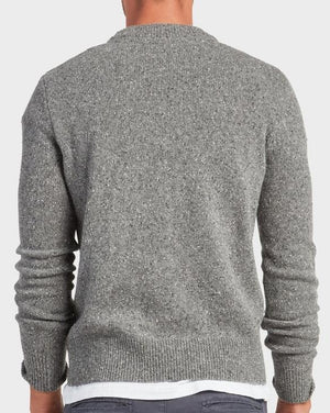 A person is seen from the back wearing the gray Academy Brand Shoreditch Crew Knit, a comfortable lambswool jumper with ribbed hem and cuffs, layered over a white shirt and paired with gray pants.