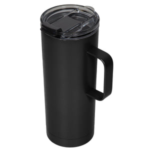 The Fifty Fifty Tall Mug with Smoke Lid (591ml) boasts a sleek, black, vacuum-insulated design, complete with a clear smoke lid and sturdy handle. Ideal for hot or cold beverages.
