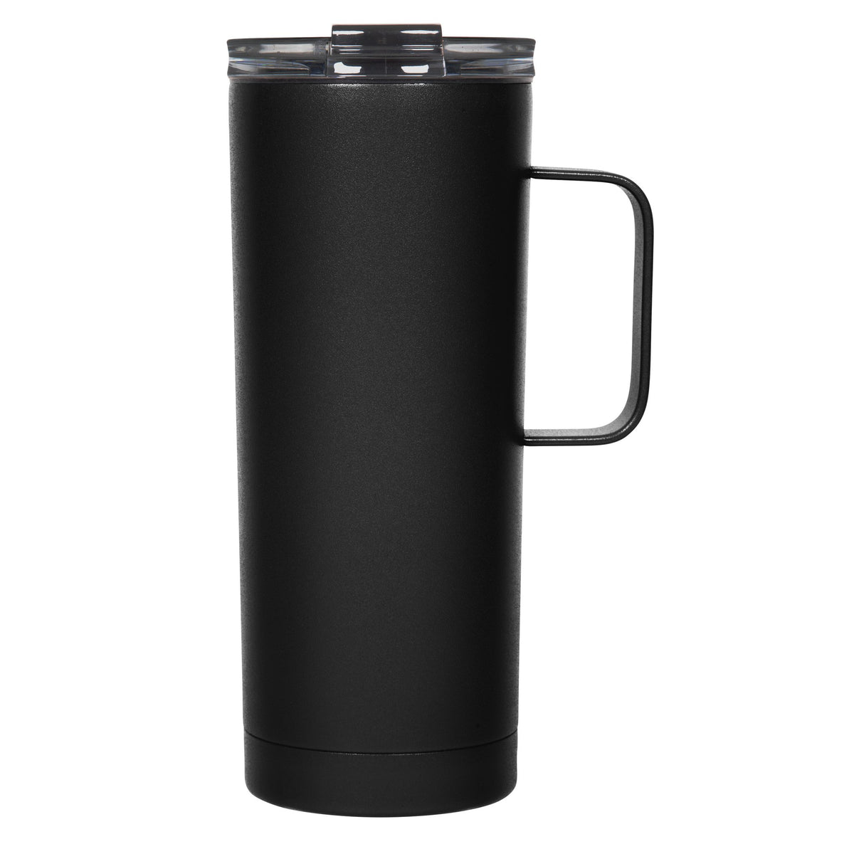 The Fifty Fifty Tall Mug, a sleek 591ml vacuum-insulated travel mug, features a black exterior with a handle and a transparent smoke lid.