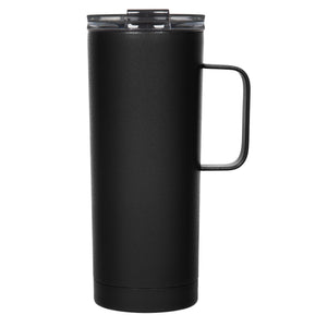 The Fifty Fifty Tall Mug, a sleek 591ml vacuum-insulated travel mug, features a black exterior with a handle and a transparent smoke lid.