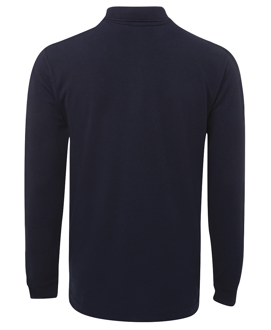 A back view of the JBs Long Sleeve Polo in navy blue showcases its high collar. The shirt, part of the JBs Wear collection, boasts a simple and plain design without any visible logos or patterns. This classic fit piece is an ideal addition to any wardrobe.