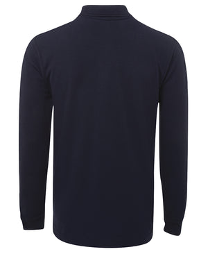 A back view of the JBs Long Sleeve Polo in navy blue showcases its high collar. The shirt, part of the JBs Wear collection, boasts a simple and plain design without any visible logos or patterns. This classic fit piece is an ideal addition to any wardrobe.