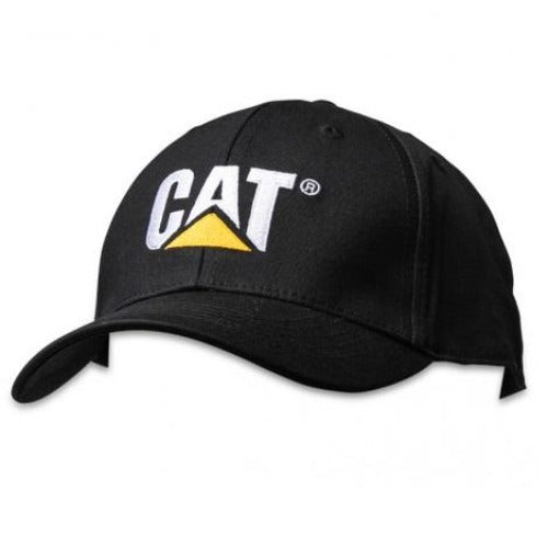 The CAT Trademark Cap is a black cap featuring the "CAT" logo embroidered on the front in bold white letters with a yellow triangle underneath. It has a curved brim and an adjustable strap at the back for a perfect fit.