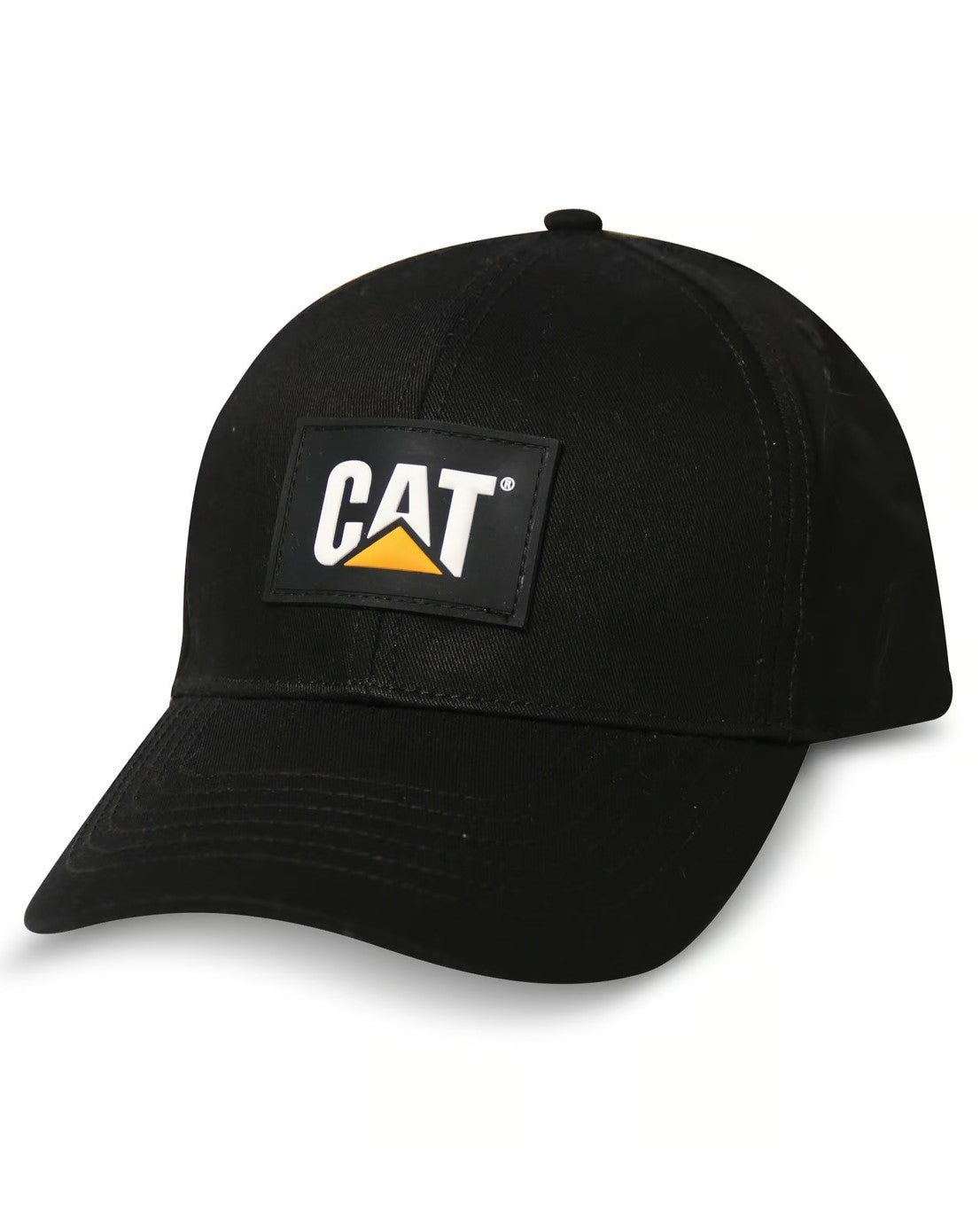 The CAT Patch Cap is a black cap with a curved brim, featuring a silicone logo with white "CAT" letters and a yellow triangle on a black rectangular patch. It includes visible stitching and an adjustable snapback for comfort.