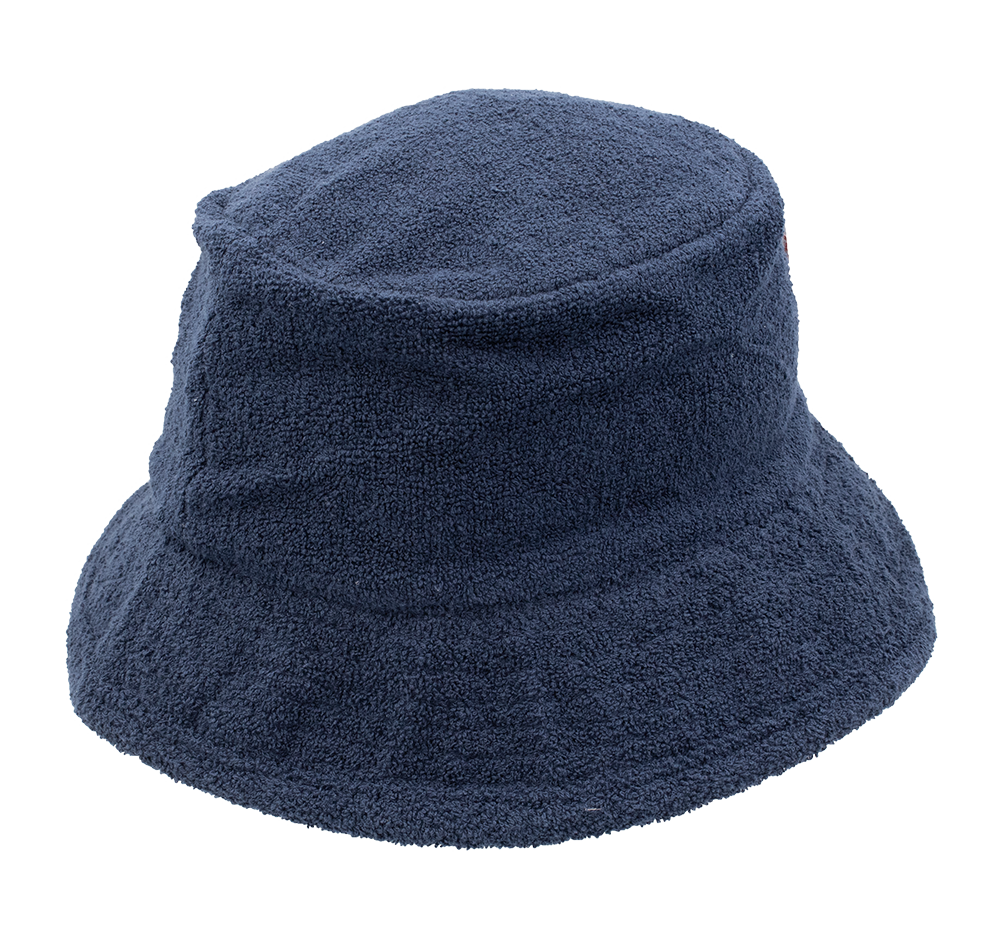 Introducing the Avenel Floppy Flat Top Towelling Hat in dark blue, made from soft terry cloth. This stylish hat offers cotton-like texture with UPF 50+ sun protection and a wide, downward sloping brim for comfort and safety under the sun.