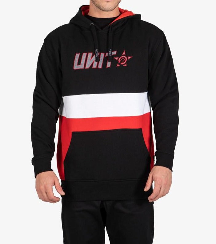 Someone wears the UNIT Express Hoodie Fleece, a comfy black hoodie with red lining, white and red chest stripe, front pocket, and "UNIT" with a star logo printed on the chest.