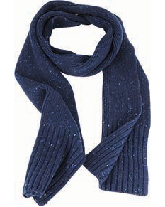An Avenel Wool Blend Fleck Knit Scarf in navy blue, featuring a ribbed texture and subtle white specks throughout. This scarf is looped in a figure-eight shape, highlighting its thick and soft material.