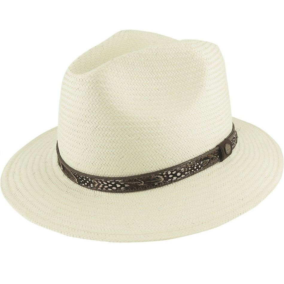 The Avenel Toyo Fedora is a white, woven straw hat with a slightly indented crown and a deluxe pressed feather band adorned with a small button detail. Its moderately wide brim offers a stylish and classic look, making it perfect for both casual and semi-formal occasions.