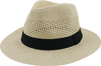 The Avenel Lightweight Vented Safari is a beige straw fedora with a wide brim and black band. Its woven texture offers a classic, stylish look, while the vented crown enhances comfort, making it ideal for fashion-forward explorers seeking functionality.