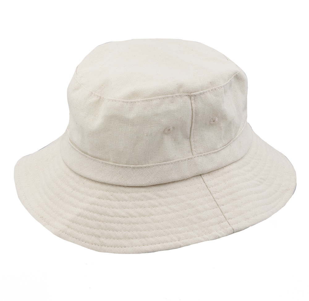 The Avenel Linen Blend Bucket Hat is cream-colored with a wide brim, offering UPF50+ sun protection. It features reinforced stitching, metal side eyelets for ventilation, and is packable, blending style and practicality for sunny adventures.