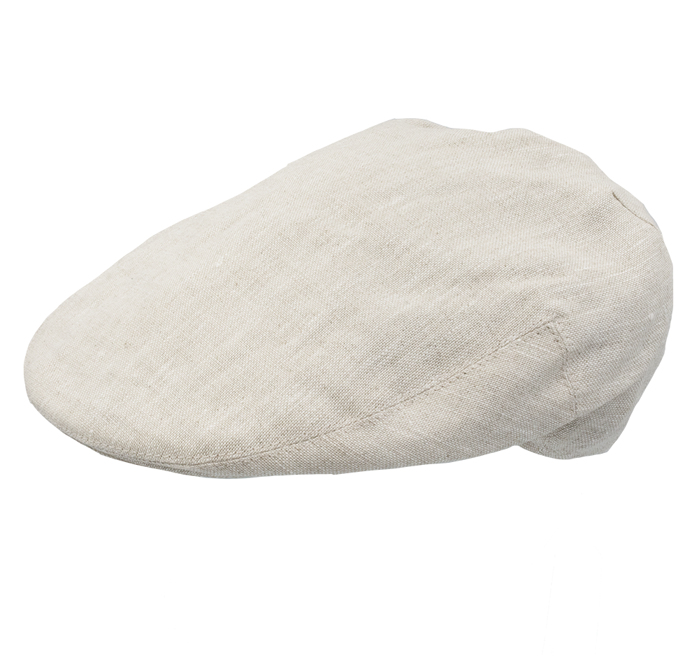 The Avenel Failsworth Linen Flat Cap, made from beige Irish linen with a slightly curved brim and rounded top, is displayed on a white background. It offers timeless style and UPF 40+ protection.