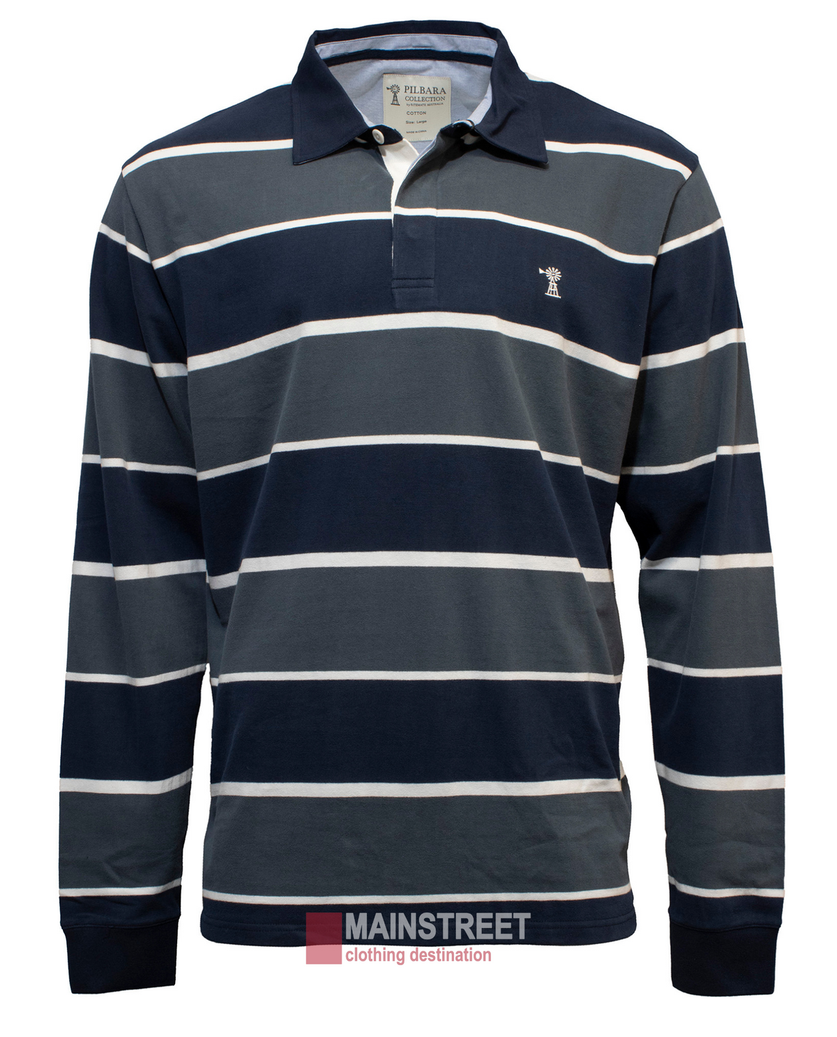 The Pilbara Rugby Jersey, a navy and white striped long-sleeve polo, crafted from 100% cotton, features a chest logo and classic collar. A "MAINSTREET clothing destination" label is at the bottom, showcasing its Ritemate quality.