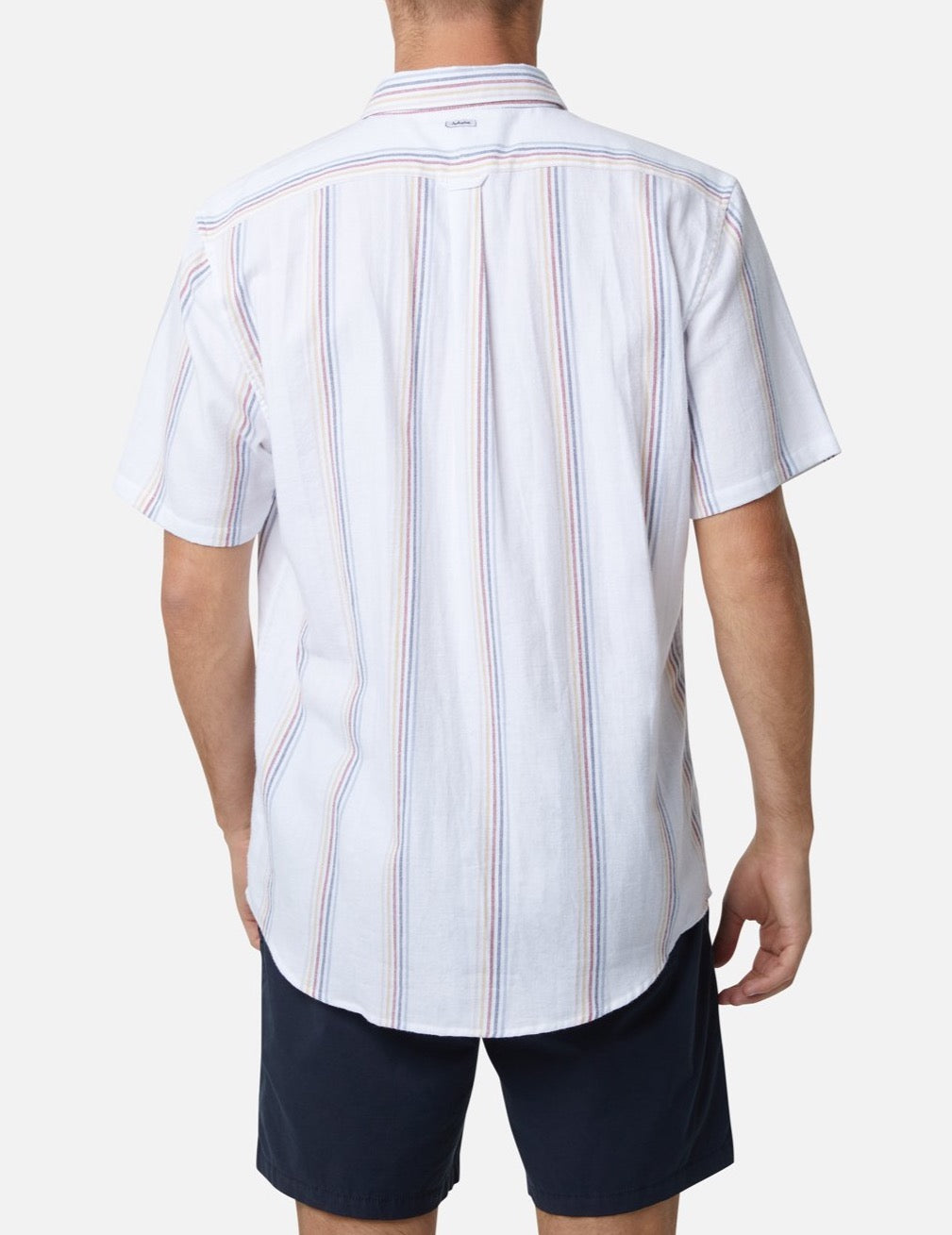 A person wearing the Industrie The Zante S/S Shirt, a short-sleeve, button-down casual shirt with light blue and thin orange vertical stripes, is viewed from the back. The 100% cotton shirt is paired with navy shorts against a plain white background.