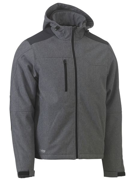 The Bisley Flx & Move Shield Jacket is a gray, full-zip hooded jacket that features black shoulder accents and a chest pocket. Made from showerproof fabric, it includes adjustable cuffs and an embroidered logo on the lower left side. This modern fit jacket ensures both style and comfort.
