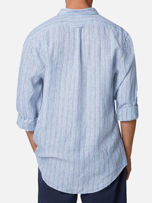 A person wearing the Industrie The Grenadines Linen Shirt in light blue, a long-sleeve, vertically striped linen shirt with rolled-up sleeves, viewed from the back. The relaxed fit shirt is untucked and paired with dark shorts.