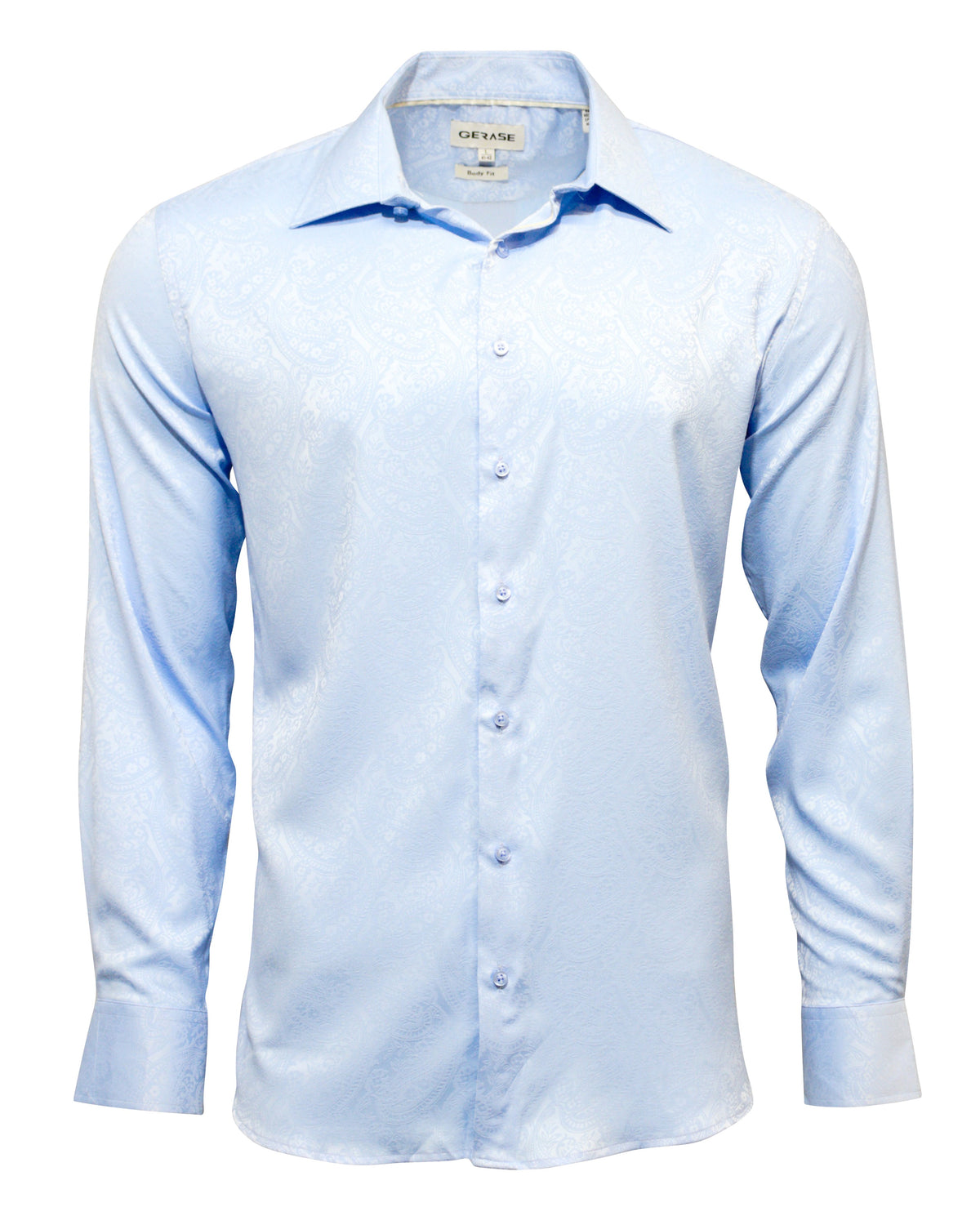 The Gerase Paisley Print Dress Shirt is a light blue, long-sleeved shirt crafted from luxurious bamboo fiber. It showcases a subtle paisley pattern and features a button-down front and pointed collar, offering a silky appearance with a gentle sheen.