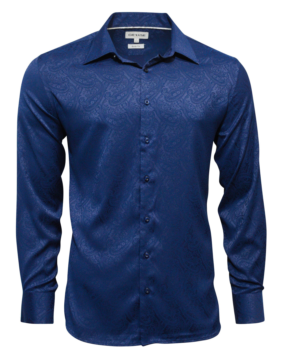 The Gerase Paisley Print Dress Shirt is a long-sleeved, button-up shirt in deep navy with an intricate paisley design. It features a pointed collar and a subtle label, made from soft Bamboo Fibre for enhanced comfort.