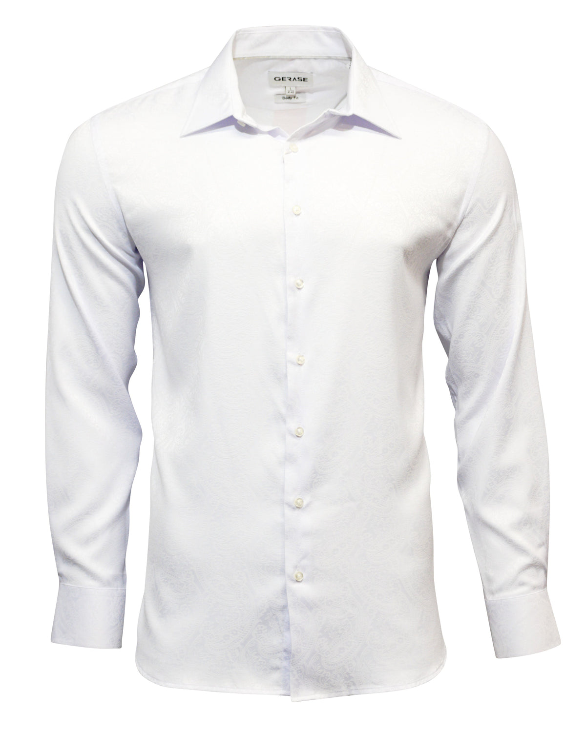 The Gerase Paisley Print Dress Shirt is a long-sleeved, white bamboo fiber shirt with a subtle paisley design. It's button-up and neatly ironed, showcased on a plain background.