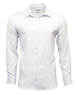 The Gerase Paisley Print Dress Shirt is a long-sleeved, white bamboo fiber shirt with a subtle paisley design. It's button-up and neatly ironed, showcased on a plain background.