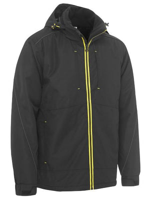 The Bisley Heavy Duty Dobby Jacket features a high collar, a black design with a bright yellow front zipper, yellow accents on zippers and seams, and two side pockets. Crafted from weather-resistant polyester dobby fabric, this jacket is an excellent waterproof option for outdoor use.