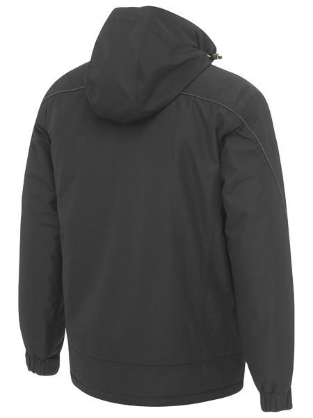 The Bisley Heavy Duty Dobby Jacket is displayed from the back, highlighting a hood and long sleeves with elastic cuffs. Its design features subtle seam lines and a slightly tapered fit at the waist. Made from lightweight polyester dobby fabric, this black waterproof jacket also boasts an adjustable hood for added convenience.