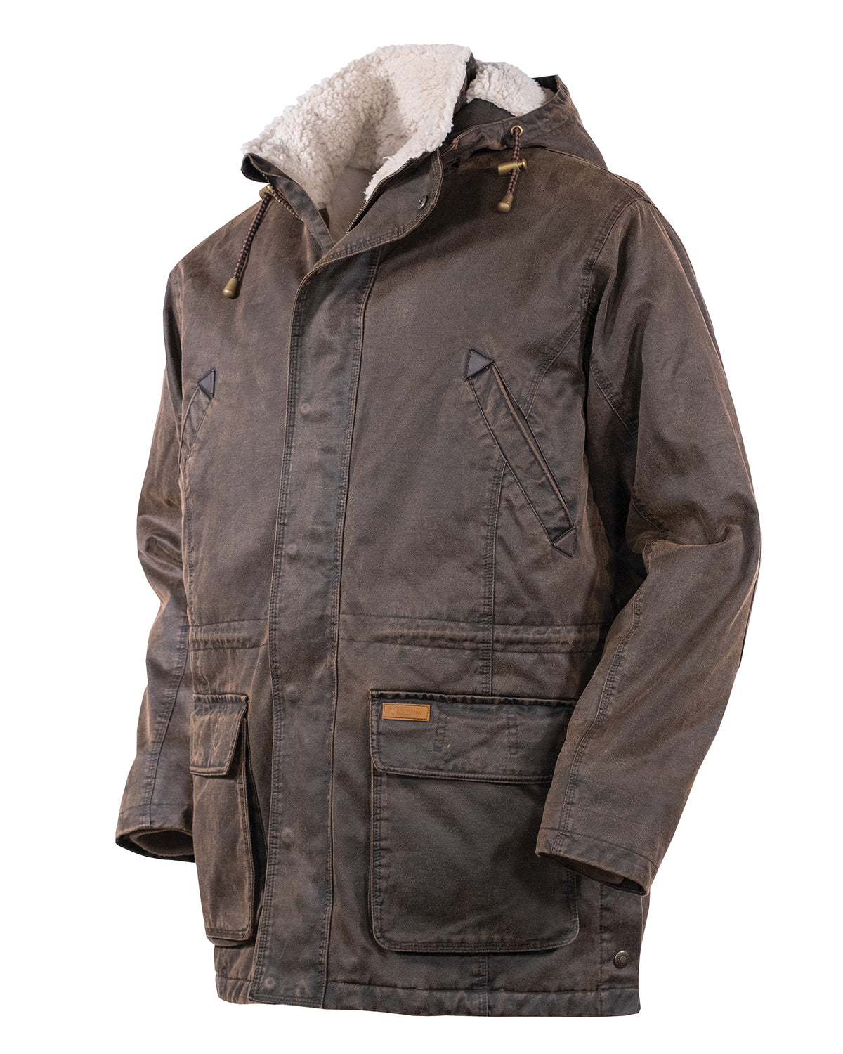 The Outback Nolan Jacket is a brown, rugged winter jacket featuring a hood and sherpa lining. This water-resistant jacket comes with a front zipper covered by a button-flap, two large front pockets with flap closures, and two angled chest pockets. It also has adjustable drawstrings on the hood and boasts a sturdy, worn appearance.