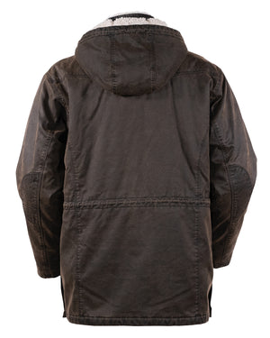A back view of the Outback Nolan Jacket reveals its dark brown color and distressed look. This comfortable winter jacket features visible stitching seams and a hood lined with light-colored, soft shearling material. Its rugged design suggests both warmth and coziness, making it perfect for chilly days.