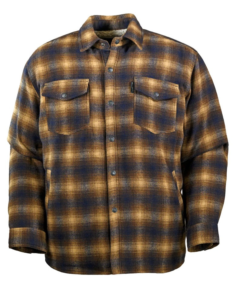 The Outback Arden Jacket is a long-sleeved, button-up flannel shirt with a cozy berber fleece lining. It features a brown and blue plaid pattern, two chest pockets with button flaps, and a classic collar, offering warm, rustic charm in a polyester/wool blend.