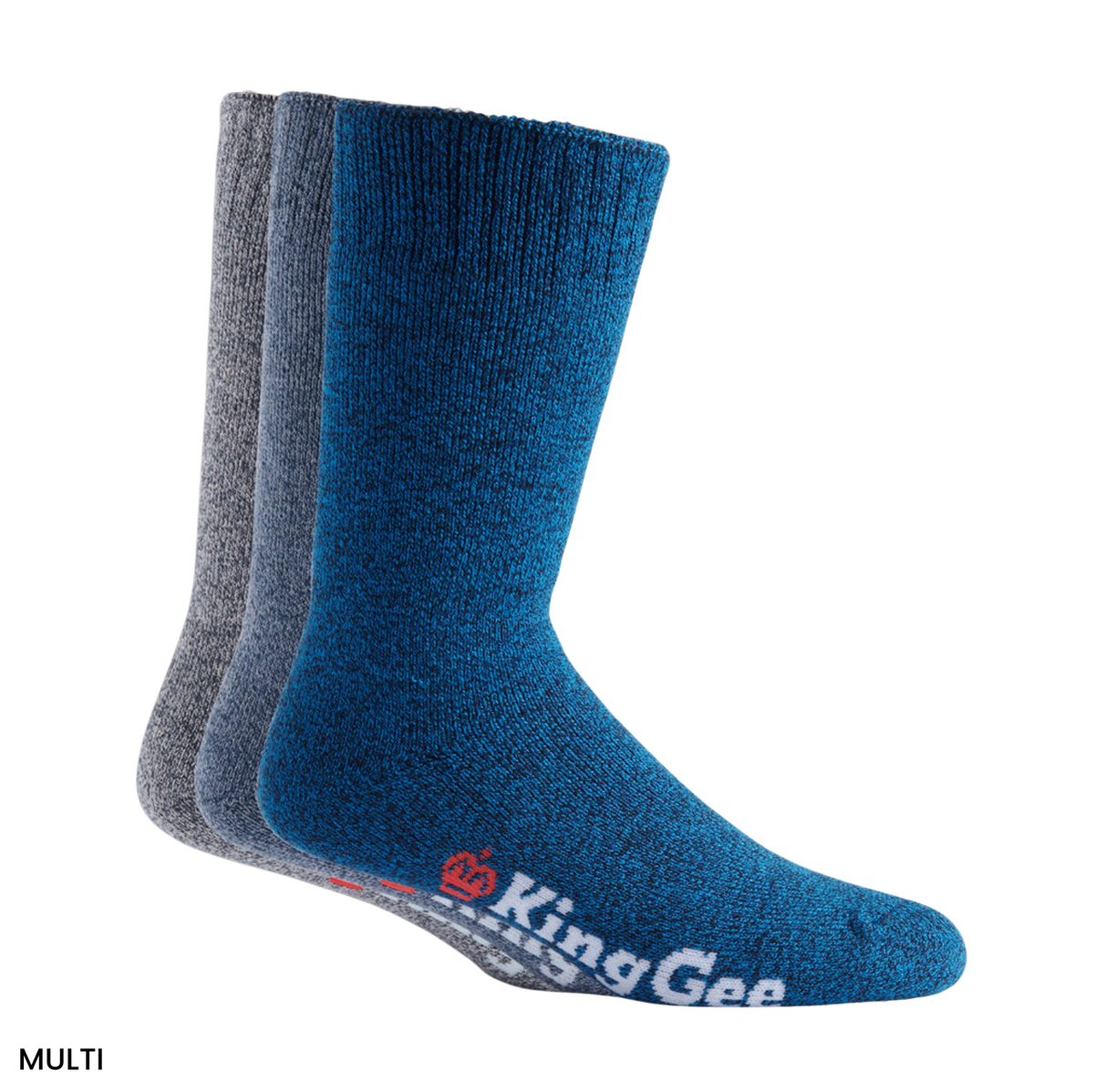 The King Gee Bamboo 3pk Work Sock set includes three pairs: blue, light gray, and dark gray. The blue socks feature "King Gee" text with a red emblem near the toe. Designed for men, they offer a breathable fit against a white image background.