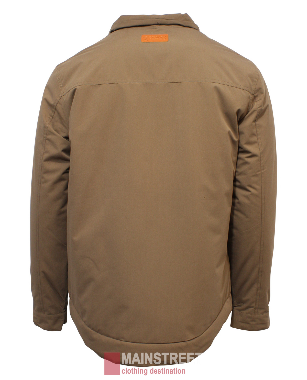 The Pilbara Quilted Jacket is shown from the back, accentuating its classic fit and minimalist design with minimal stitching. Below the collar is a small patch. The slightly curved hem enhances its elegance. The "MAINSTREET clothing destination" logo suggests quality craftsmanship.