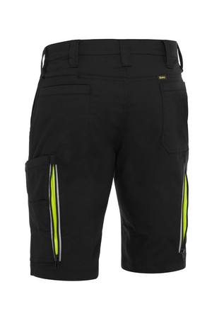 The Bisley X Airflow Stretch Ripstop Vented Cargo Short is designed in black with multiple pockets and bright yellow-green zipper accents. It features reflective zip leg ventilation and belt loops, making it perfect for outdoor or casual wear.