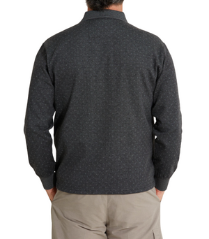 A person in the Breakaway Lander Micro Prima Polo, dark gray with a subtle pattern and beige pants, is shown from the back. With its collar and cuffs, the shirt offers a casual yet polished look against the plain white background.