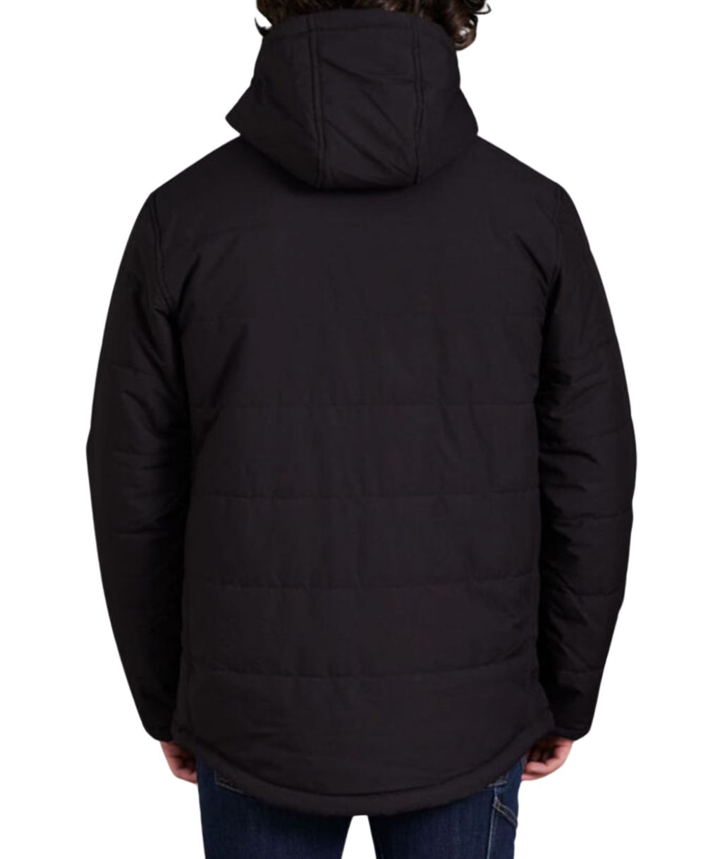 Rear view of a person in a black King Gee Puffer Jacket with a hood. The water-repellent, quilted design adds texture, paired with dark blue jeans. A plain white background highlights the outfit's sleek look.