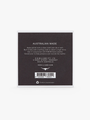 AUSTRALIAN MADE. Apply RM Williams Stockmans Boot Polish with a clean cloth and rub in well to restore color and shine. Buff briskly with a buffing cloth to achieve a high shine. Use in conjunction with R.M. Williams Leather Conditioner for best results. Alcohol-free formula. R.M. WILLIAMS PTY. LTD., Prospect, South Australia.