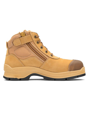 The Blundstone 318 Zip Sided Scuff Cap Safety Boot in tan features a black rubber sole, side zipper, metal eyelets, and brown laces. With reinforced stitching, a padded ankle, and a protective steel toe cap enhanced by SPS Max—XRD® Technology, this boot is ideal for construction or labor-intensive activities.