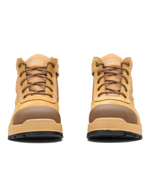 A front view of a pair of Blundstone 318 Zip Sided Scuff Cap Safety Boots in tan leather, featuring dark laces and black rubber soles, with a steel toe cap for additional protection, placed side by side against a white background.