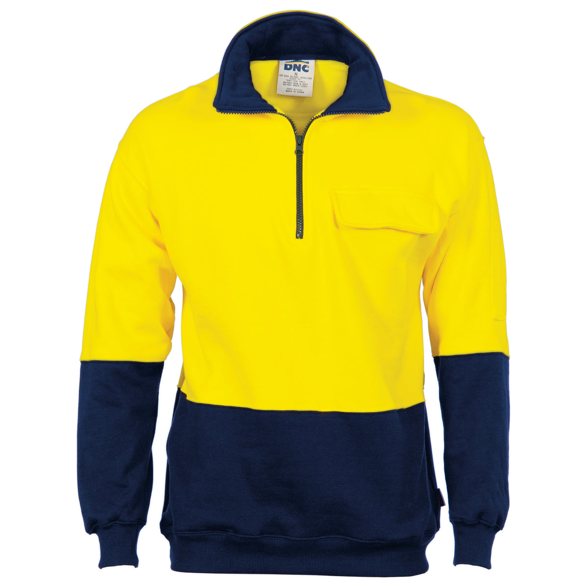 The DNC Hi Vis Cotton 1/2 Zip Fleece is a long-sleeve work shirt made of 100% cotton, featuring a bright yellow upper portion and sleeves contrasted with dark blue cuffs, lower torso, and shoulder patches. It also includes a half-zip front and a chest pocket on the left side.