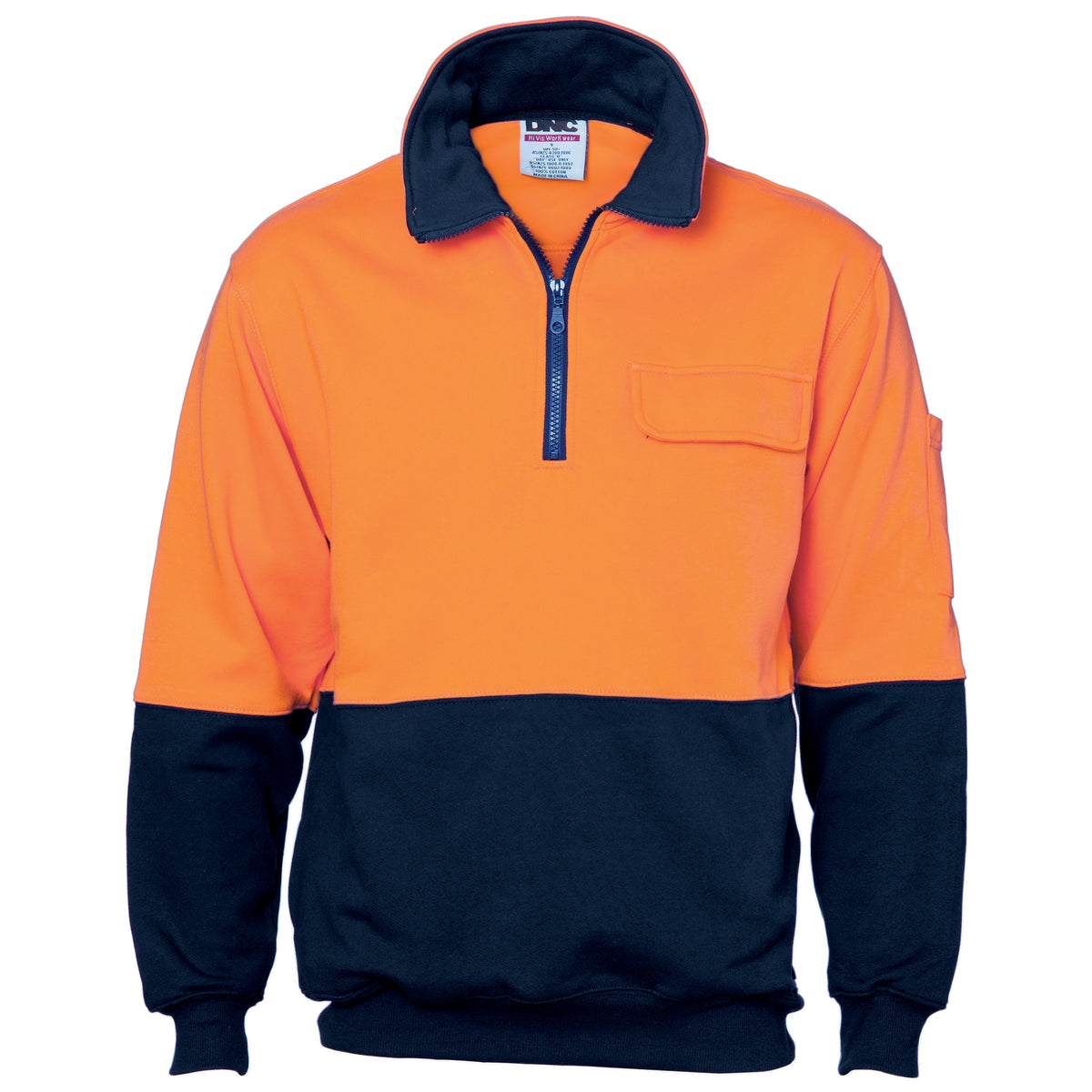 The DNC Hi Vis Cotton 1/2 Zip Fleece is a vibrant long-sleeve pullover sweatshirt featuring a cozy fleece half-zip front. The upper portion, including the collar, is fluorescent orange, while the lower portion and sleeves below the elbows are navy blue. Additionally, it has a pocket on the left chest made from the same orange fabric.