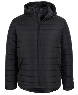 The JBs Hooded Puffer Jacket in black, with horizontal stitching and cozy polyester fill, features a zipper closure and side pockets. Its hooded design is stylishly set against a white background.