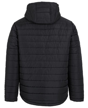 The JBs Hooded Puffer Jacket, seen from the back in black, showcases horizontal stitching, long sleeves, and a warm polyester fill for ultimate comfort.